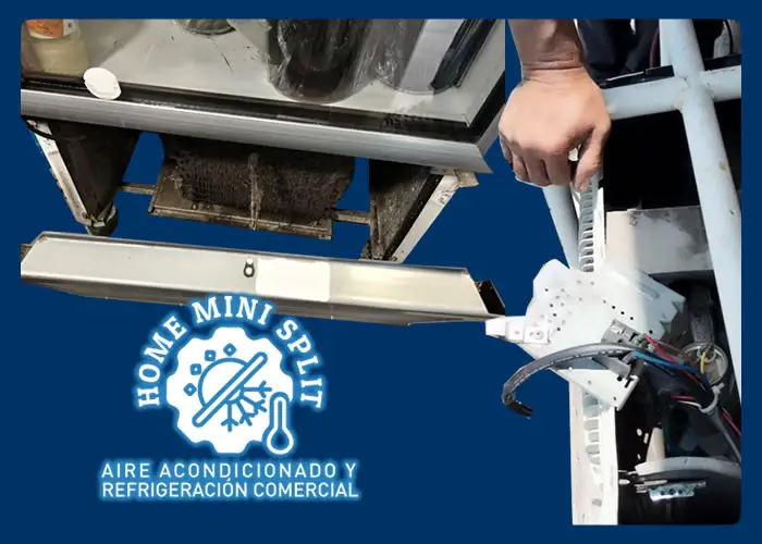 Material del negocio que muestra componentes de un minisplit durante mantenimiento.